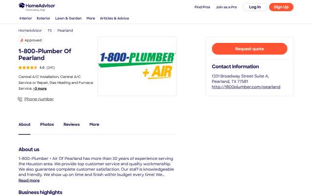 1-800-Plumber +Air of Pearland's page as the assistant saw it