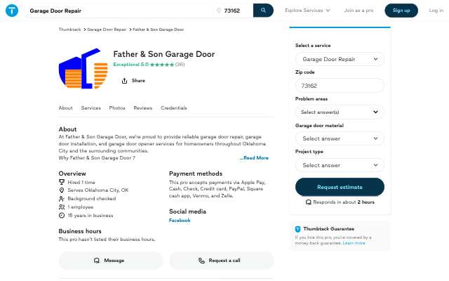 Father & Son Garage Door's page as the assistant saw it
