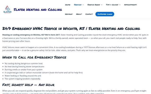 Slater Heating and Cooling's page as the assistant saw it