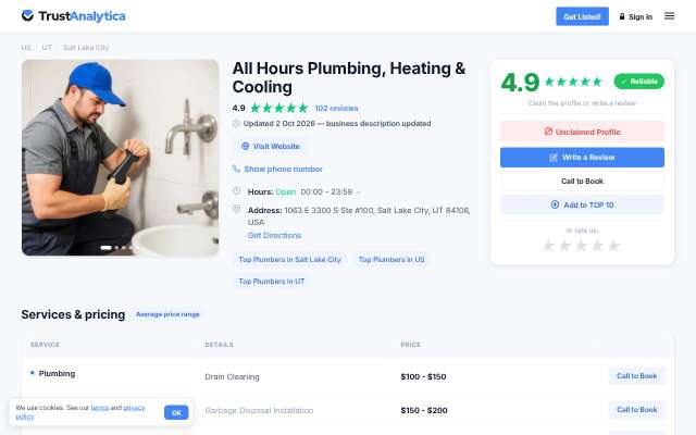 All Hours Plumbing, Heating & Cooling's page as the assistant saw it