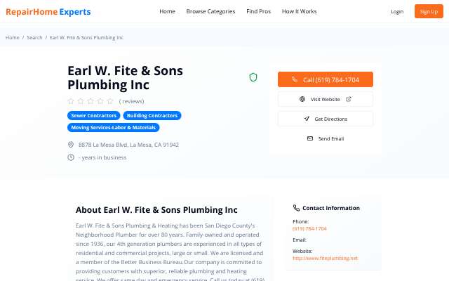 Earl W. Fite & Sons Plumbing Inc's page as the assistant saw it