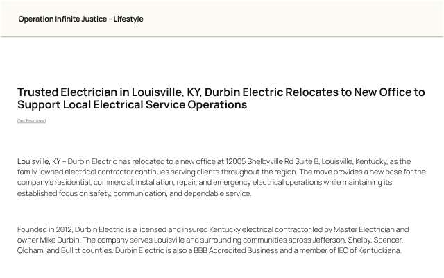 Durbin Electric's page as the assistant saw it