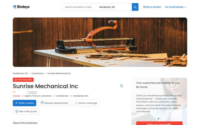 Sunrise Mechanical Inc's page as the assistant saw it