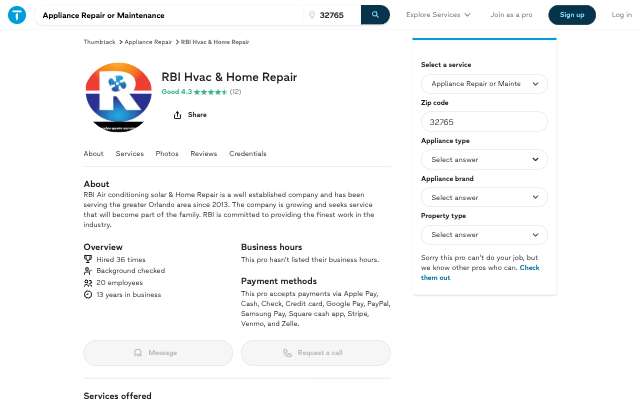 RBI HVAC & Home Repair's page as the assistant saw it