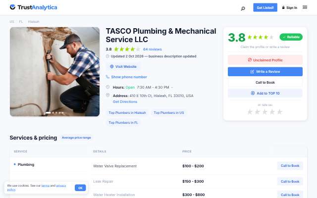 TASCO Plumbing & Mechanical Service LLC's page as the assistant saw it
