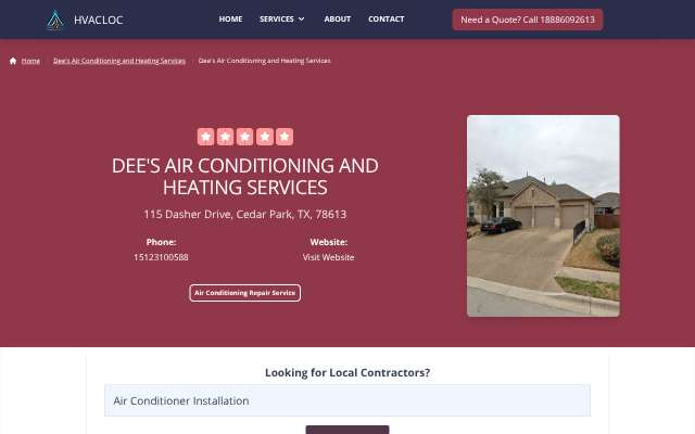 Dee's Air Conditioning and Heating Services's page as the assistant saw it