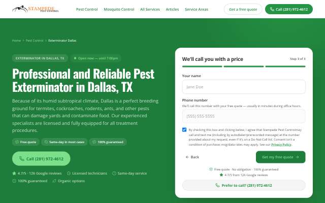 Stampede Pest & Termite's page as the assistant saw it