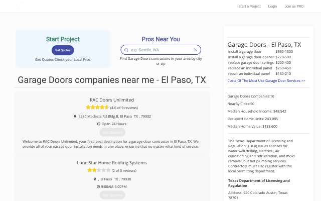 RAC Doors Unlimited's page as the assistant saw it