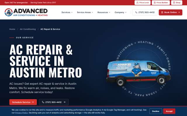Advanced Air Conditioning and Heating's page as the assistant saw it