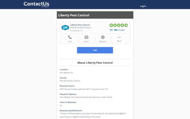 Liberty Pest Control's page as the assistant saw it