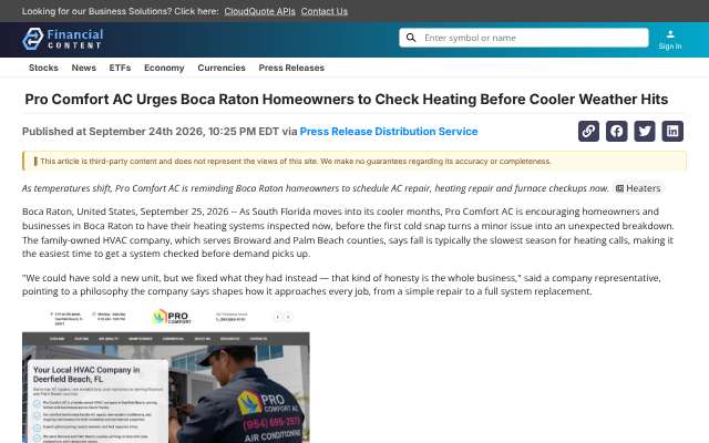 Pro Comfort AC's page as the assistant saw it