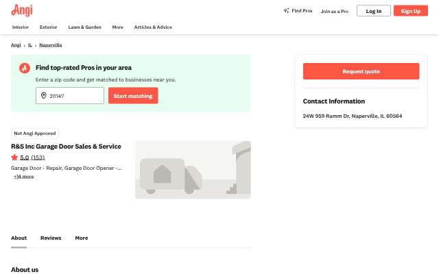 R&S Inc Garage Door Sales & Service's page as the assistant saw it