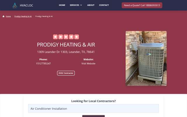 Prodigy Heating & Air's page as the assistant saw it