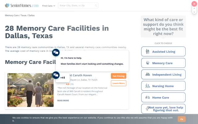 SeniorHomes Dallas listings's page as the assistant saw it