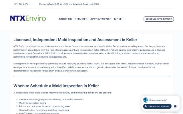 NTX Enviro's page as the assistant saw it