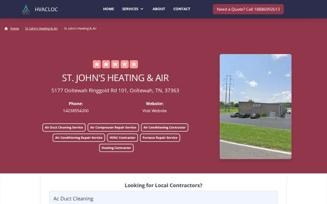 St. John's Heating & Air's page as the assistant saw it