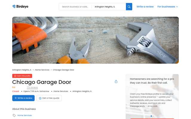 Chicago Garage Door's page as the assistant saw it