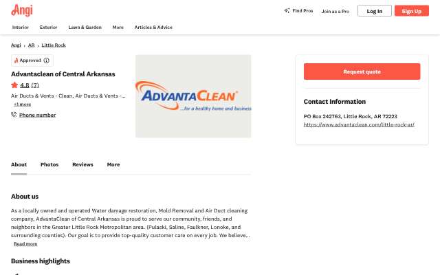 Page cited for AdvantaClean of Central Arkansas