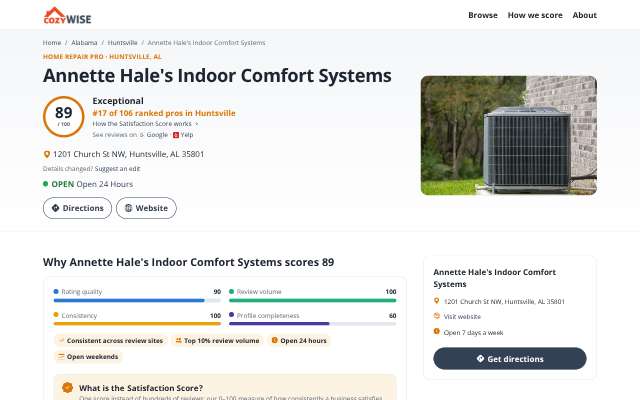 Annette Hale's Indoor Comfort Systems's page as the assistant saw it