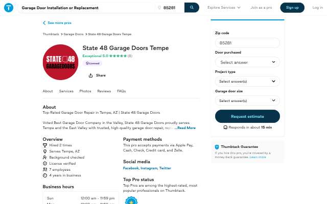 State 48 Garage Doors Tempe's page as the assistant saw it
