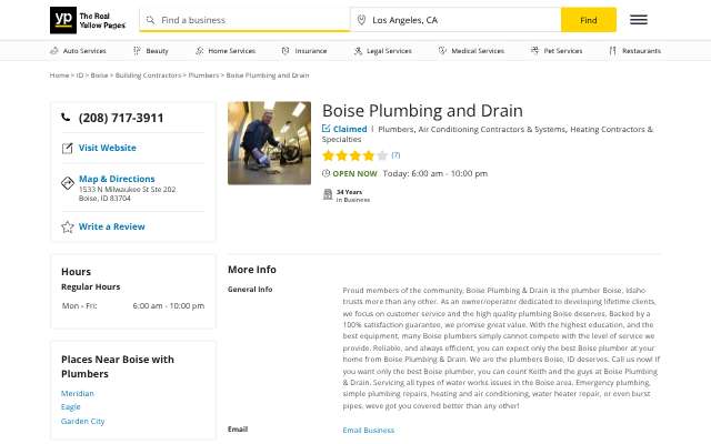 Boise Plumbing and Drain's page as the assistant saw it