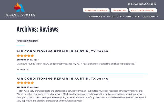Alamo Austin Air Conditioning & Heating's page as the assistant saw it