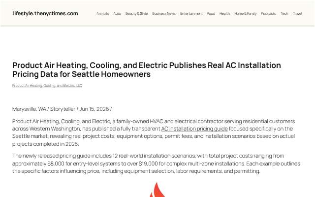 Product Air Heating, Cooling, and Electric's page as the assistant saw it