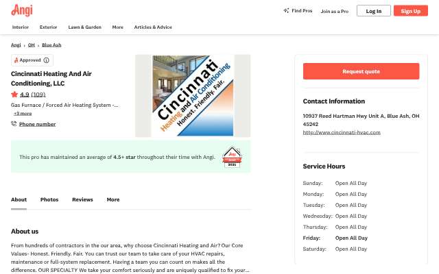 Cincinnati Heating and Air Conditioning, LLC's page as the assistant saw it