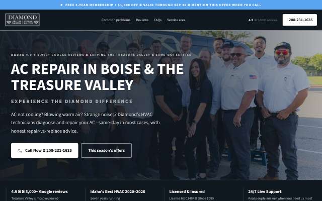 Diamond Heating, Cooling, Plumbing & Electric's page as the assistant saw it