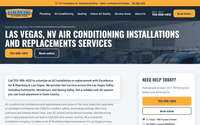 Excellence Air and Plumbing's page as the assistant saw it