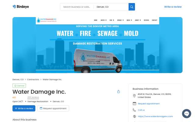 Water Damage Inc.'s page as the assistant saw it