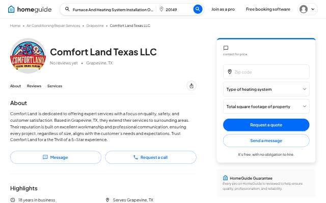 Comfort Land Texas LLC's page as the assistant saw it