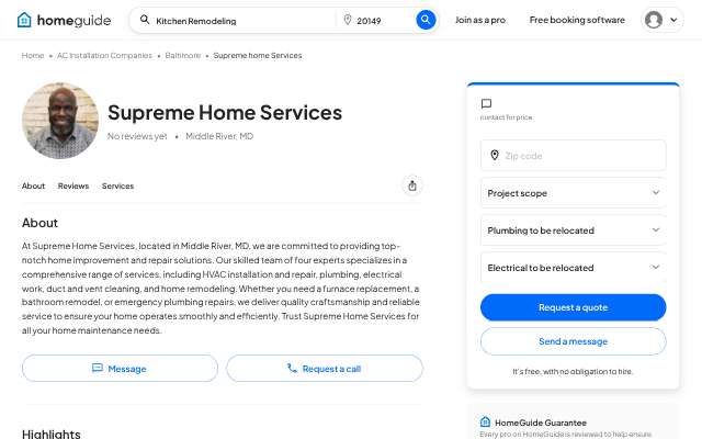 Supreme Home Services's page as the assistant saw it