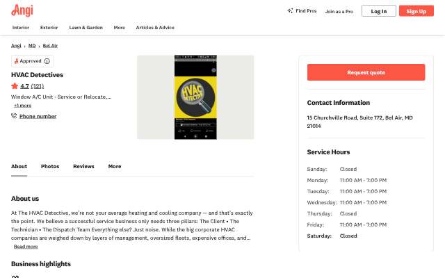 HVAC Detectives (Norwood Heating & Air)'s page as the assistant saw it