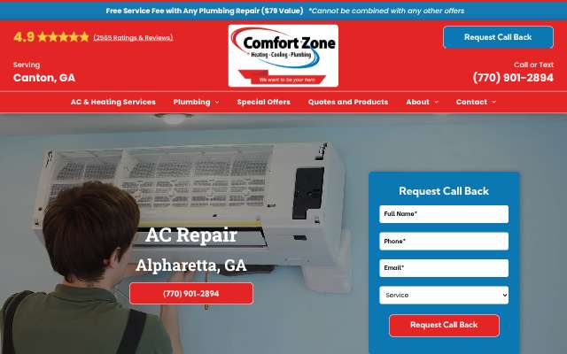 Comfort Zone Heating, Cooling, Plumbing's page as the assistant saw it