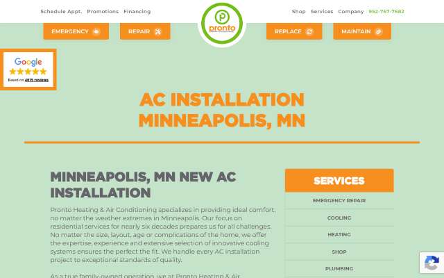 Pronto Heating & Air Conditioning's page as the assistant saw it