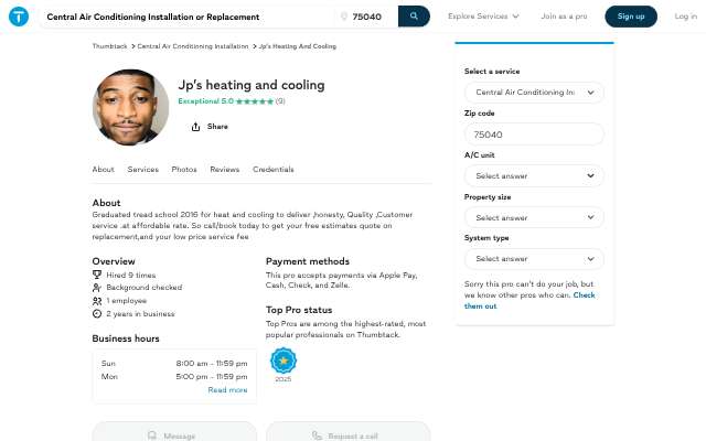 Jp's Heating And Cooling's page as the assistant saw it