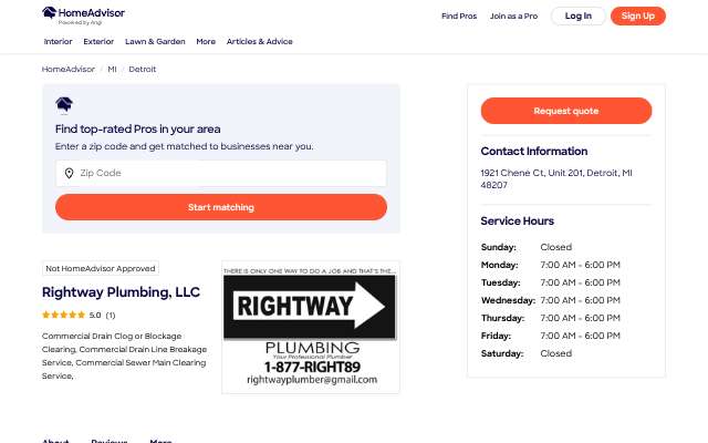 RIGHTWAY PLUMBING's page as the assistant saw it