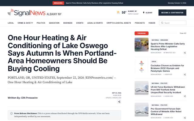 One Hour Heating & Air Conditioning of Lake Oswego's page as the assistant saw it