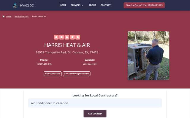 Harris Heat & Air's page as the assistant saw it