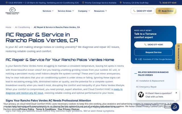 Cloud Comfort HVAC's page as the assistant saw it