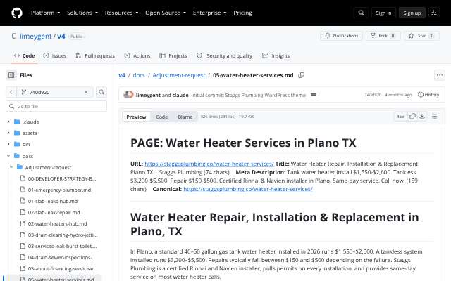 Staggs Plumbing's page as the assistant saw it