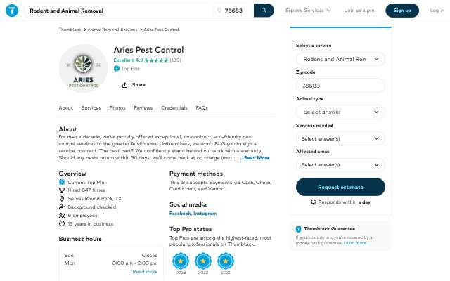Page cited for Aries Pest Control