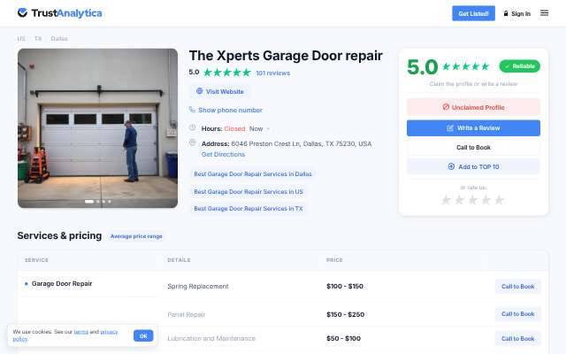 The Xperts Garage Door repair's page as the assistant saw it