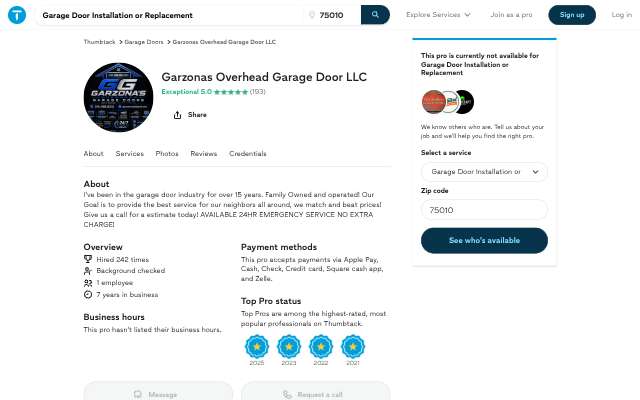 Garzonas Overhead Garage Door's page as the assistant saw it