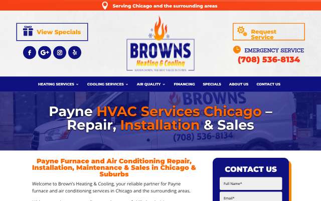 Brown's Heating & Cooling's page as the assistant saw it