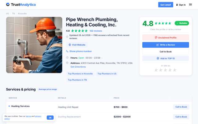 Pipe Wrench Plumbing, Heating & Cooling's page as the assistant saw it