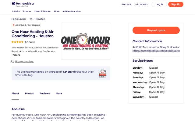One Hour Heating & Air Conditioning - Houston's page as the assistant saw it