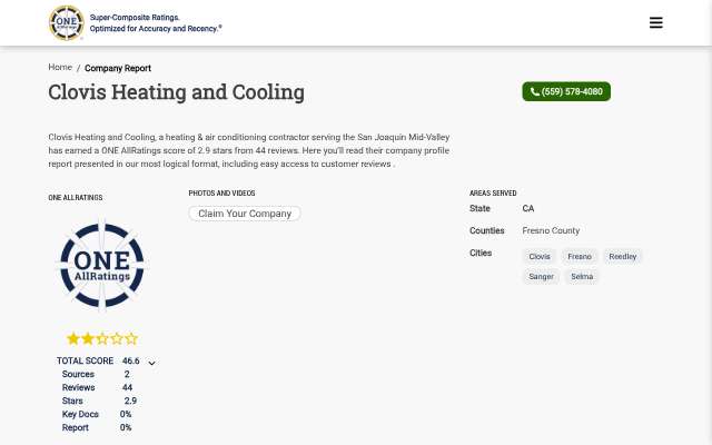 Clovis Heating And Cooling's page as the assistant saw it