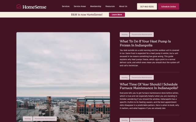 HomeSense Heating and Cooling's page as the assistant saw it